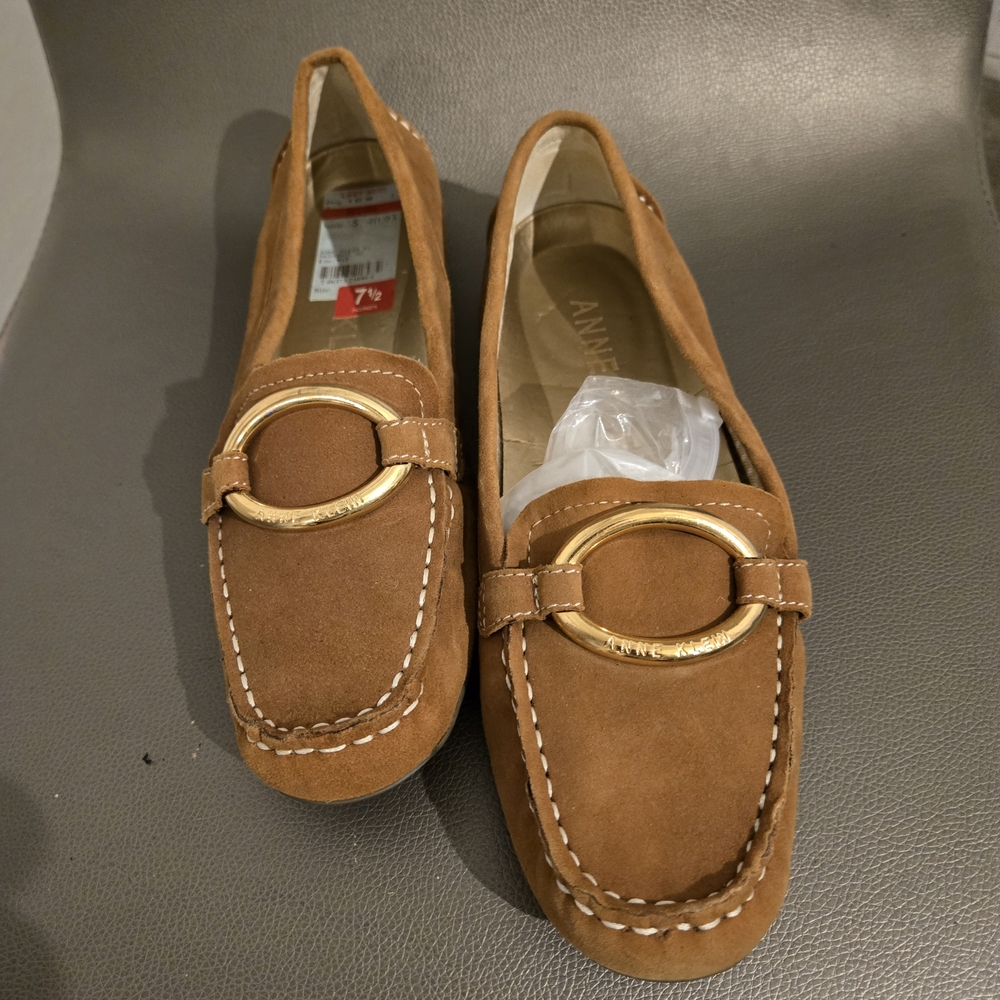 Anne Klein Tan Suede Loafers with Gold Detail